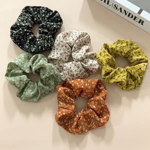 5pcs 여성용 달콤하고 우아한 레트로 꽃무늬 프린트 원단 헤어 타이 세트, 부드러운 탄성 포니테일 홀더와 부엉이 액세서리, 일상적인 헤어 스타일을 위한