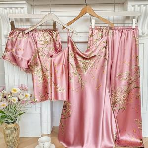 4pcs 체리 프린트 러플 칼라 캐미솔 원피스, 반바지, 긴 바지, 잠옷 세트