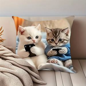 귀여운 고양이 테마 베개 커버 디자인 - 45X45 Cm, 복숭아 피부 벨벳 폴리에스터 소재에 단면 프린트, 지퍼 디자인, 세탁기 사용 가능, 모던 홈 데코에 완벽, 거실 및 침실에 적합