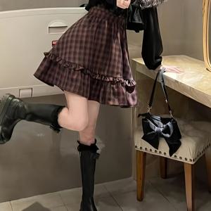 여성 블랙 긴팔 재킷, 레드 체크 카미솔 스커트, 투피스 세트, 캐주얼, 스위트하고 귀여운
