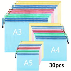 30개 5색 메시 지퍼 파우치 세트, A3 A4 A5 & 레터 사이즈 문서 가방 (정리, 학용품, 퍼즐 & 여행용 보관)