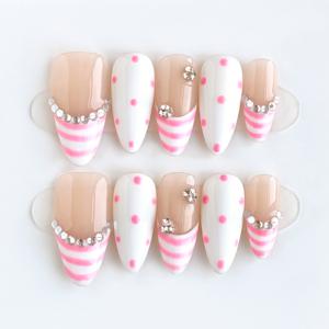 Nail|핸드메이드 누ob 네일 10개입 - 미디엄 아몬드형, 핑크 & 화이트 폴카 도트 액센트, 스위트 글리터 네일|파티룩, 데일리웨어, 귀여운 스타일|크리스마스 선물, 트렌디, 합리적인 가격, 아크릴 세트