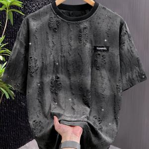 디스트레스드 찢어진 티셔츠, 부드러운 촉감, 피부 친화적, 통기성 좋은, 캐주얼하고 트렌디한 의류