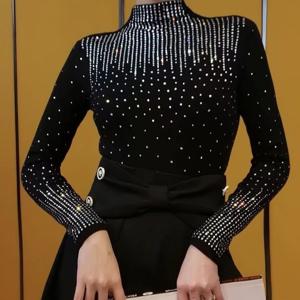 여성 봄가을 빤짝이 큐빅 슬림 하이넥 긴팔 티셔츠 이너 상의 슬림소녀