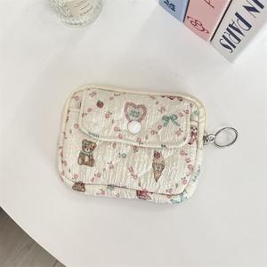 만화 꽃무늬 다기능 수납 파우치 1개, 카드 홀더 및 키체인 포함 정리 가방, 휴대용 동전 지갑 및 여성용 ID 지갑