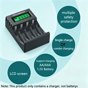 PUJIMAX 지능형 LCD 디스플레이 충전기, AAA/AA 1.2V 충전식 배터리 호환, 유연한 단일 충전 및 멀티 셀 충전, 실시간 충전 상태 모니터링, 멀티 회로 보호, 배터리 손상 없음