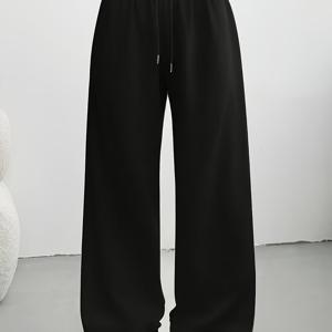 TEMU DW260528005 봄/여름 캐주얼 단색 드로스트링 허리 와이드 레그 팬츠, 일상 캐주얼웨어 및 휴가용으로 적합