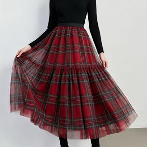 여성용 체크 엘레강스 패션 캐주얼 롱 하프 스커트, 탄성 허리 시어 체크 러플 헴 캐주얼 다기능 매칭 스커트, 편안한 원단 올 시즌 웨어 패션 옷장 필수템, 크리스마스, 새해 스타일