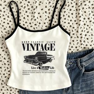 레트로 자동차 패치워크 캐미솔 KEEP CLASSIC VINTAGE 현대적인 삶을 살라라 멀티 라인 영어 빈티지 컨버터블 자동차 짧은 문장 텍스트 조합 프린트 패턴 미니 캐미솔 짧은 거리 여행 카페 쇼핑 출퇴근복 봄 여름 신상