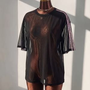 아메리칸 스트리트웨어 Y2K 핫 세미 시어 핑크 프린트 사이드 블랙 메쉬 탑 티셔츠, 레이지 스타일 루즈핏 통기성 좋은 편안한 스위트 & 쿨 스타일 반팔 / 데일리 / 출퇴근 / 데이트 / 뮤직 페스티벌 / 해변 / 휴가 / 모임 / 파티