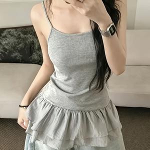 여성 발레 스타일 러플 패치워크 캐미 드레스, 레이어드 인너 조끼 디자인