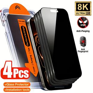 4개입 8K 프라이버시 강화 유리 액정 보호 필름, iPhone 17 Pro Max/16 Pro/15 Plus/17/16/15/14/13/12/11/Mini/Xr/Xs Max/X/Xs/7P/8P 호환, 9H 경도, 간편한 설치 프레임, 사생활 보호, 자동 먼지 제거, 민감한 터치