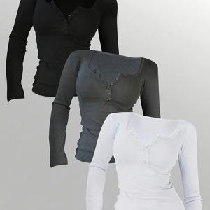 3피스 세트, 여성용 솔리드 컬러 버튼업 긴팔 캐주얼 티셔츠, 봄, 여름, 가을 여성 의류
