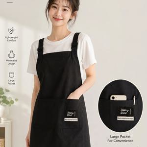 스타일 조절 가능한 스트랩 블랙 앞치마, 대형 멀티 포켓 디자인, 통기성 좋은 경량 작업 앞치마, 여성용; 패셔너블한 민소매 앞치마, 주방 요리, 카페, 꽃집, 페인팅에 적합