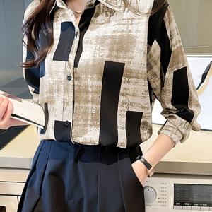 패치워크 컬러 블록 버튼 - 여성용 블라우스 우아한 긴팔 턴칼라 셔츠 신상 봄/가을 스타일