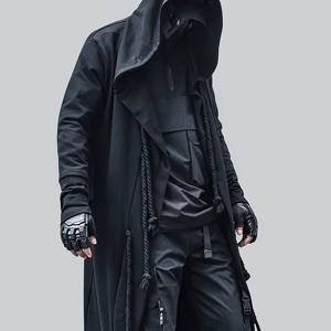 남성용 패션 스트리트 스타일 캐주얼 루즈핏 긴 튜닉 케이프 후드 망토, 순수 블랙 심플한 후드형 패셔너블하고 통기성 좋은 피부 친화적인 로프 장식 캐주얼 오픈 프론트 코트