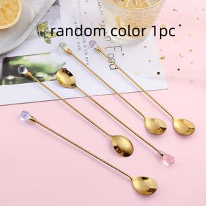 랜덤 색상 1개 창의적인 스테인리스 스틸 스푼, 긴 손잡이 인조 젓가락 스푼, 지르코니아 상감 아이스 스푼, 커피 스푼, 와인 믹싱 스푼