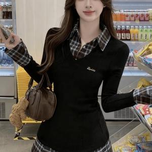 대학생 스타일 웨어 페이크 투피스 폴로 칼라 긴팔 드레스 우아한 분위기 허리 슬림 패치워크 플리츠 스커트