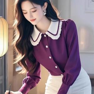 보라색 긴팔 셔츠 봄 여성용 신상 폭발적인 소형 셔츠 독특하고 아름다운 향기나는 상의