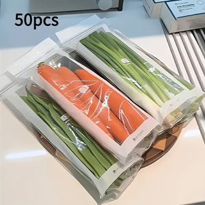 50개 롱 스트립 PE 재질 밀봉 백 (스냅 버튼 포함) | 과일 채소 육류 곡물 특수 밀봉 신선 보관 백 - 냉장고 냉동고 공간 절약, 투명 내구성 일회용 보관 백