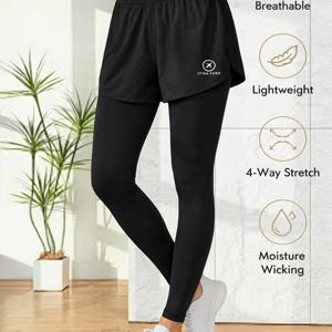 여성용 단색 2-in-1 룩 포켓 피트니스 팬츠, 패셔너블한 프린팅 스웨트팬츠 스커트, 러닝용 라운지웨어, 전문가용 트레이닝, 아우터웨어 타이트핏 긴 바지, 사계절용, 배구용 하이웨이스트 비침 방지, 속건성 2-in-1 긴 바지 스커트