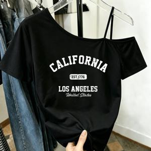 여성용 반팔 오프숄더 티셔츠, 캘리포니아 레터 프린트 패션 상의, 한쪽 대각선 숄더 스트랩, 오프숄더 패션 스타일, 캐주얼하고 편안함