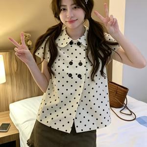 2026 봄 신상 스위트 패셔너블 인품 다재다능 더블 브레스트 물방울 무늬 인형 칼라 반팔 셔츠 여성 의류