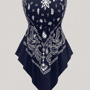 Paisley 프린트 반두 비스트, 허리 집어넣는 삼각 밑단, 스트릿 스타일 숏 탑