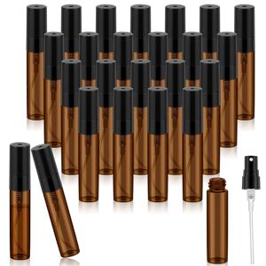 향수용으로 설계된 5ml 투명 유리 스프레이 병 60개 세트. 섬세한 미스트 분사 기능이 특징입니다. 휴대용으로 빈 용기이며 여행 및 청소 목적에 적합합니다 (앰버 색상).