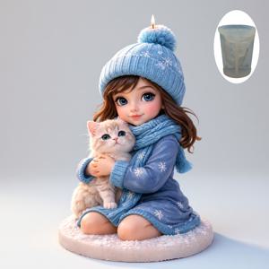 DADPE 3D 겨울 눈송이 소녀와 아기 고양이 캔들 몰드 - 수지 석고 시멘트 공예용 재사용 가능한 실리콘 | DIY 캔들 만들기, 크리스마스 선물, 아늑한 겨울 장식용 디테일한 털 디자인과 파란색 비니가 있는 카와이 인형 피규어
