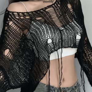 할로윈 신상 봄 가을 패션 Y2K 단색 속이 빈 뮤직 페스티벌 스타일 여성스러운 올매치 한국 미국 레트로 속이 빈 쉬어 루즈 핫 게으른 찢어진 가디건