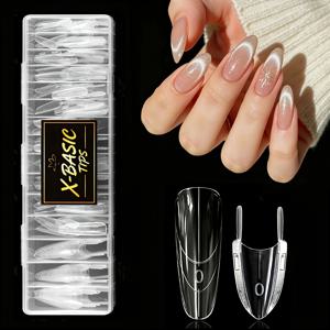 120개 - BASIC TIPS 아몬드형 네일 연장 몰드, DIY 네일 아트 및 살롱용, 종이 필름 불필요한 15가지 사이즈 사전 제작 네일 팁, 네일 살롱 및 초보자를 위한 빠른 부착