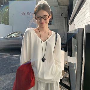 봄/가을 신상 여성용 루즈핏 캐주얼 단색 브이넥 긴팔 티셔츠