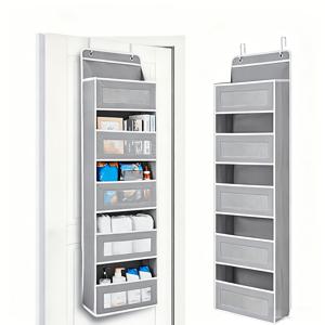 대형 투명 행잉 포켓 5개가 있는 5단 벽걸이형 도어 수납장 - 옷장, 욕실, 침실, 기숙사에 적합한 부직포 행잉 수납장 - 공간 절약형 도어/샤워 도어 선반 시스템, 그레이