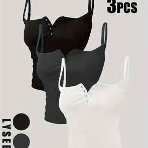 여성 캐주얼 패션 스포츠 멀티 버튼 라운드넥 단색 캐미솔 탑 믹스 앤 매치 3pcs 세트