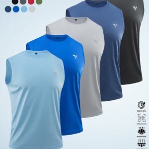 남성용 여름 아웃도어 캐주얼 탱크탑 5개 세트, 단색 민소매 남성용 아웃도어 의류, 하이킹 및 야외 레저웨어, 폴리에스터 니트 원단 - 시원하고 통기성 좋은 속건성 부드럽고 편안한 다기능 피트니스 의류, 일상적인 운동, 달리기, 사이클링, 낚시, 농구 및 기타 스포츠 활동과 홈웨어에 적합