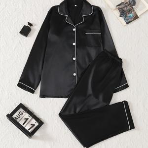 가을 여성용 파자마 세트, 2pcs, 더블 기장, 솔리드 블랙, 패셔너블한 새틴 포플린, 긴팔, 라펠 칼라, 앞면 버튼 플래킷, Y스무스 단추, 허리밴드, 긴 바지, 통기성 좋고 편안함, 야외 활동용으로 적합한 캐주얼 수면복, 우아한 라운지웨어, 루즈핏, 약간의 신축성