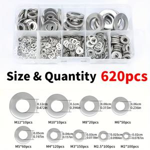 620개 평면 와셔 세트 (박스 포함) - 내구성 높이 조절 스페이서, 광택 마감, 사이즈 M2-M12, 볼트 및 나사 조임, 산업 유지보수 및 일상 사용, 볼트 조임, 나사 조임