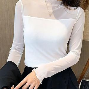 여성 봄 반폴라 슬림핏 시스루 블라우스 댄스복상의 공연복 망사 티셔츠 긴팔 여성 반폴라시스루 망사 긴팔 긴팔 티셔츠 상의 봄 여름 데일리 캐주얼 면+폴리에스터 이너 티셔츠