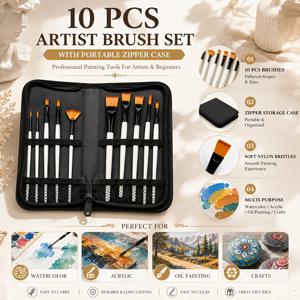 수채화 아크릴유화 공예용 휴대용 지퍼 케이스 포함 전문가용 페인트 브러쉬 10개 세트
