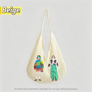 여성용 수제 크로셰 니트 토트백 - 대용량 할로우 아웃 메쉬 숄더백, 만화 및 프린트 포함 / 해변, 출퇴근, 데일리용 호보백, 스트랩 (잠금장치 없음)