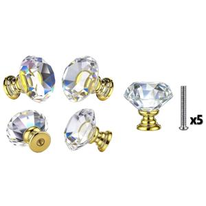 골든 서랍 손잡이 5개 세트, 투명 골드 30mm 드레서 손잡이, 유리 캐비닛 손잡이 및 나사 포함, 주방, 사무실, 욕실 캐비닛용