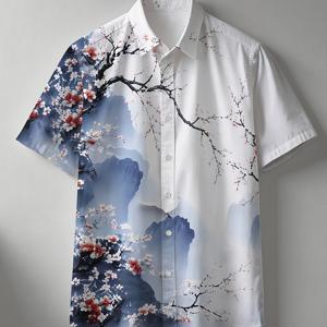 남성용 하와이안 반팔 셔츠 칼라 -앞면 단추식 셔츠, 해변 휴가용, 하와이안 프린트 칼라 -앞면 단추식 상의, 기계 세탁 가능, 신축성 없는 캐주얼 여름 하와이안 의상
