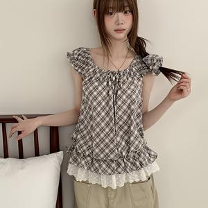 2026 봄 여름 레트로 체크 스몰 플러터 소매 블라우스, 러플 레이스 패치워크 나이 감추는 조끼, 캐주얼 올매치 탑 (헤어밴드 미포함)