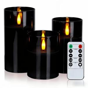 불꽃 없는 LED 기둥형 캔들, 3D 깜빡이는 따뜻한 노란색 불꽃, 리모컨 및 타이머 기능, 4