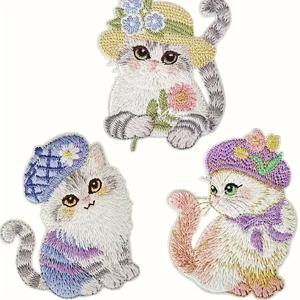 귀여운 컬렉션 3개 세트! 자수 고양이 패치, 자체 접착식 고양이 아플리케-바느질 필요 없는 자수 패브릭 패치-만화 동물 자수 패치-사실적인 자수 아플리케-의류 장식용으로 완벽, 스카프, 모자, 가방, 휴대폰 케이스에 이상적, 반려동물 주인의 의상을 위한 눈길을 끄는 액세서리