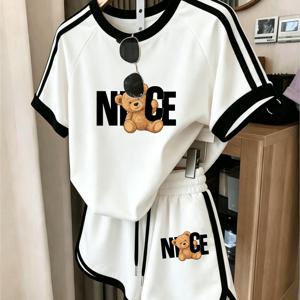 여성용 블랙 앤 화이트 컬러블록 2피스 세트, 통기성 좋은 프린팅 반팔 상의와 신축성 있는 드로스트링 루즈핏 반바지