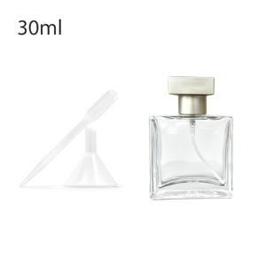 30ml/50ml 사각 투명 유리 향수병, 여행용 사이즈 향수 스프레이 병, 향수 리필 가능 병, 누수 방지 초미세 미스트 에센셜 오일 디스펜서, 여행용 데일리 사용, 3개 세트 (병 1개, 리필 도구 2개 포함)