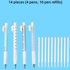 귀여운 고양이 모양 푸시 버튼 원형 펜 14개 세트 (펜 4개 + 리필심 10개) 0.5mm 극세필 블랙, 학교 및 사무용 문구 세트