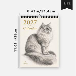 1개, 2027년 달력, 사실적인 스케치 고양이 벽걸이 달력. 고양이 집사를 위한 종이 벽걸이 달력. DIY 벽걸이 달력, 실내 장식, 방 꾸미기, 여성용 책상 액세서리, 12개월 플래너, 생일, 크리스마스, 할로윈, 신학기, 새해를 위한 완벽한 선물